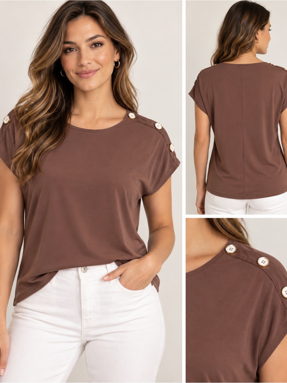 AUW Women’s Mocha Brown Button Shoulder Dolman Sleeve , Blouse Top, Large